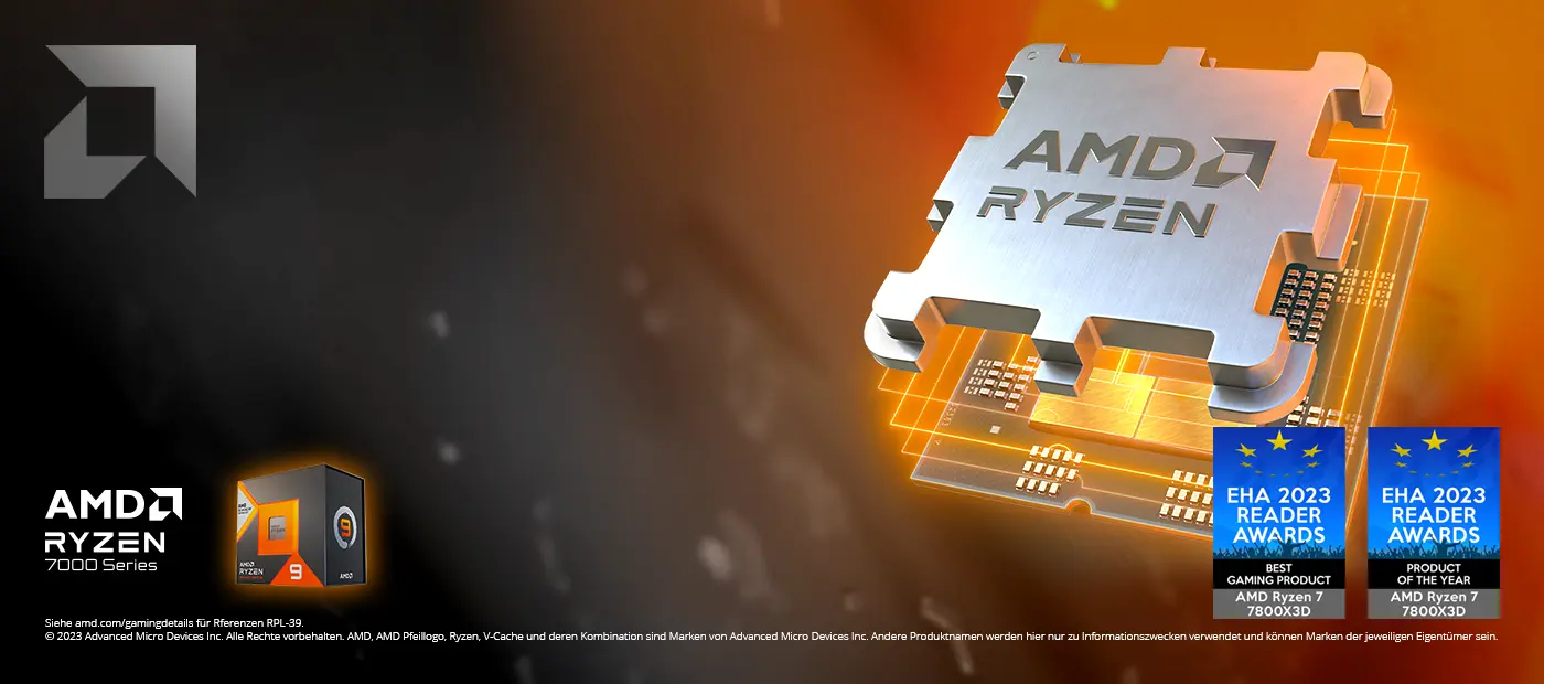 AMD Ryzen™ 7000X3D-Serie Prozessoren für einen enormen Performance-Boost. AMD Ryzen™ 7000X3D-Serie Prozessoren für einen enormen Performance-Boost. Visual Rendergrafik des Prozessors plus 2x EHA 2023 Reader Awards Badge.