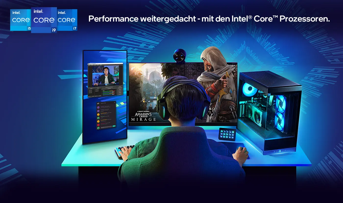 Intel Core Prozessoren der 14. Generation. Übertaktung mit Leichtigkeit. Intel Core Prozessoren der 14. Generation. Übertaktung mit Leichtigkeit. Visual Gamer an einem Gaming PC.