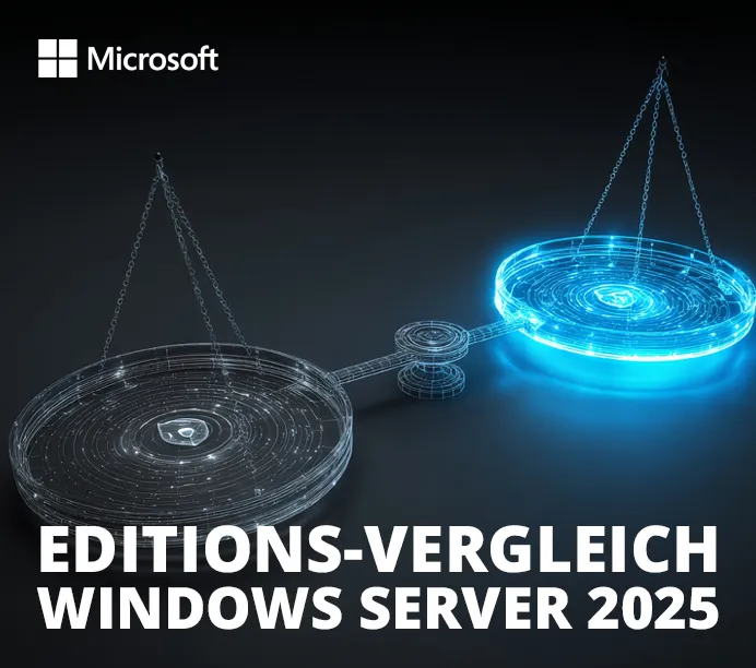 Nutzen Sie unseren Windows Server 2025 Lizenzrechner, Vergleich & Ratgeber. Visual einer gerenderten, modernen Waage mit einer Waagschale die hellblau leuchtet.