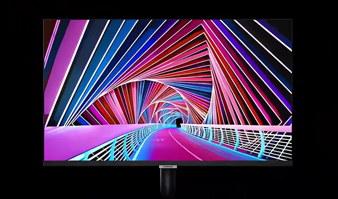 Samsung Monitore bieten eine beeindruckende visuelle Erfahrung für Arbeit und Unterhaltung. Samsung Monitore bieten eine beeindruckende visuelle Erfahrung für Arbeit und Unterhaltung. Visual eines Monitors in der Frontansicht auf schwarzem Hintergrund.
