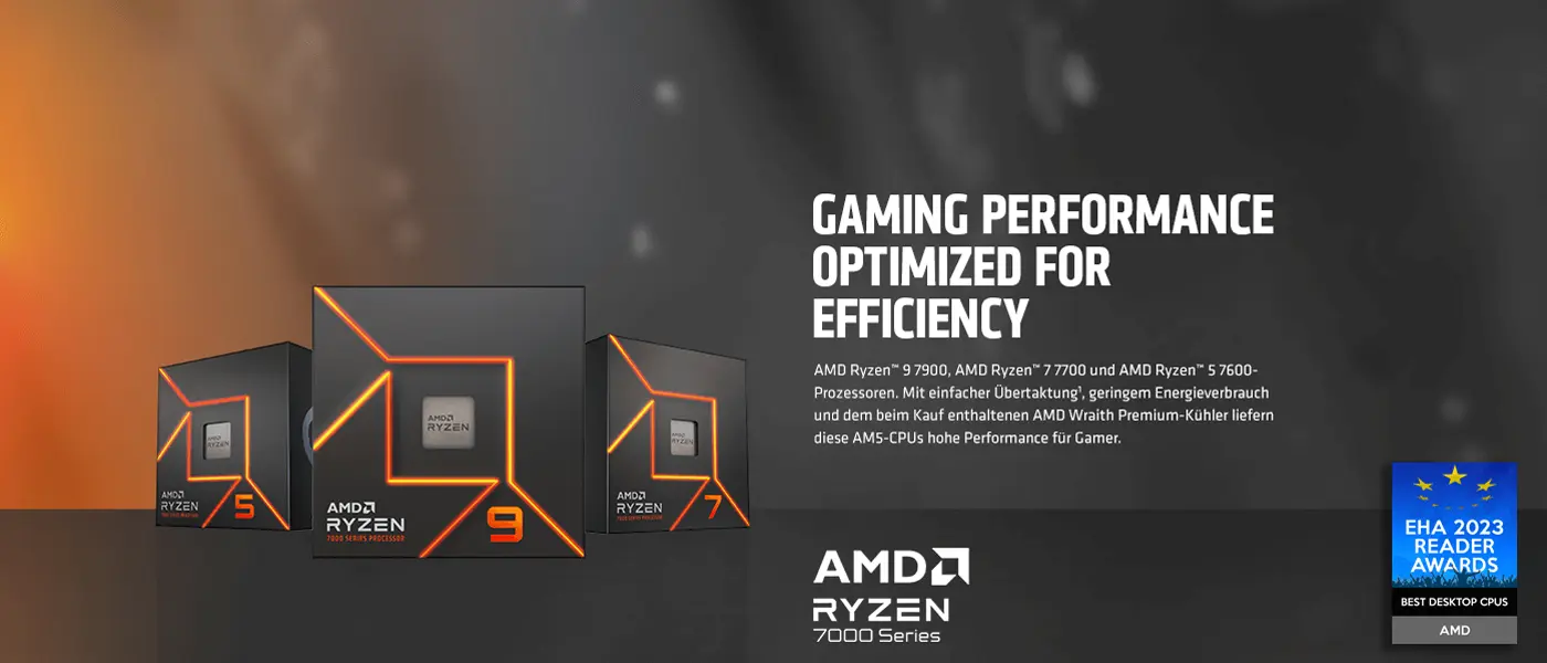 AMD Ryzen™ 9 7900, AMD Ryzen™ 7 7700 und AMD Ryzen™ 5 7600-Prozessoren. AMD Ryzen™ 9 7900, AMD Ryzen™ 7 7700 und AMD Ryzen™ 5 7600-Prozessoren. Visual Packshots der Prozessoren auf orangenem-anthrazit farbigen Hintergrund.