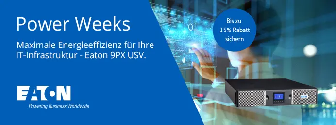 Sichern Sie sich bis 31.12.2025 bis zu 15 % Rabatt auf ausgewählte Produkte der Eaton 9PX Reihe. Lifestyle-Bild eines Serverraums und im Vordergrund ein Foto der 9PX Reihe.