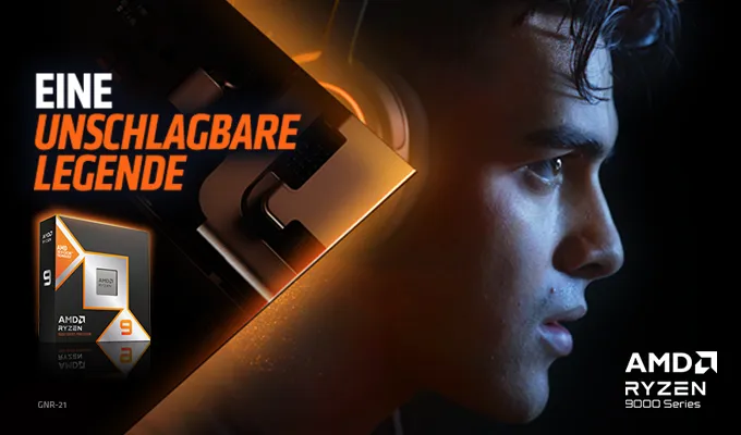Die neuen AMD Ryzen™ 9000X3D-Serie Prozessoren. Eine unschlagbare Legende und die neue Performance für ihr Gaming Abenteuer. Die neuen AMD Ryzen™ 9000X3D-Serie Prozessoren. Eine unschlagbare Legende und die neue Performance für ihr Gaming Abenteuer. Visual eines Gamers mit Headset und einem Packshot der 9000X3D-Serie.