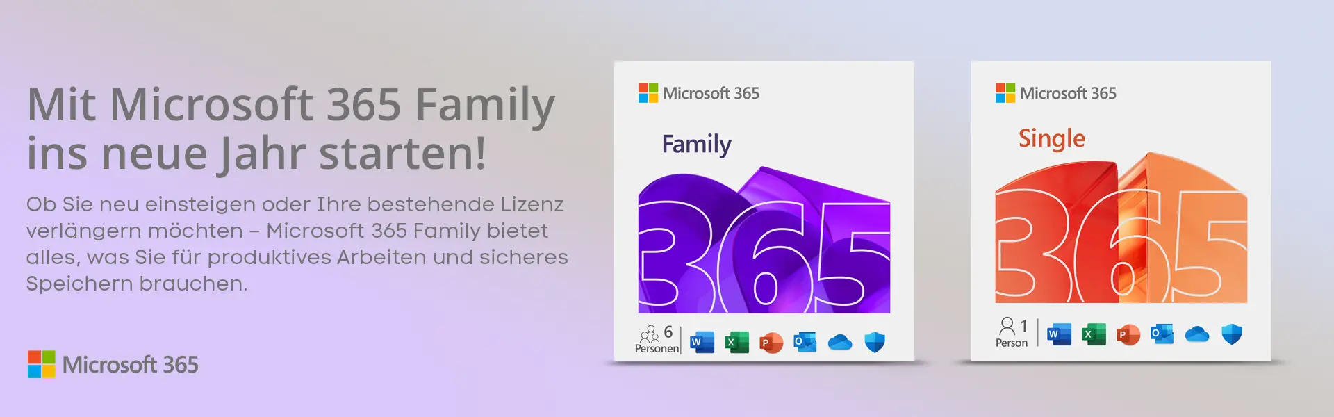 Microsoft 365 Family oder Single als Sofort-Download. Visual von den Versions-Badges auf einem Pastellfarbenen Verlauf aus 3 Farben.