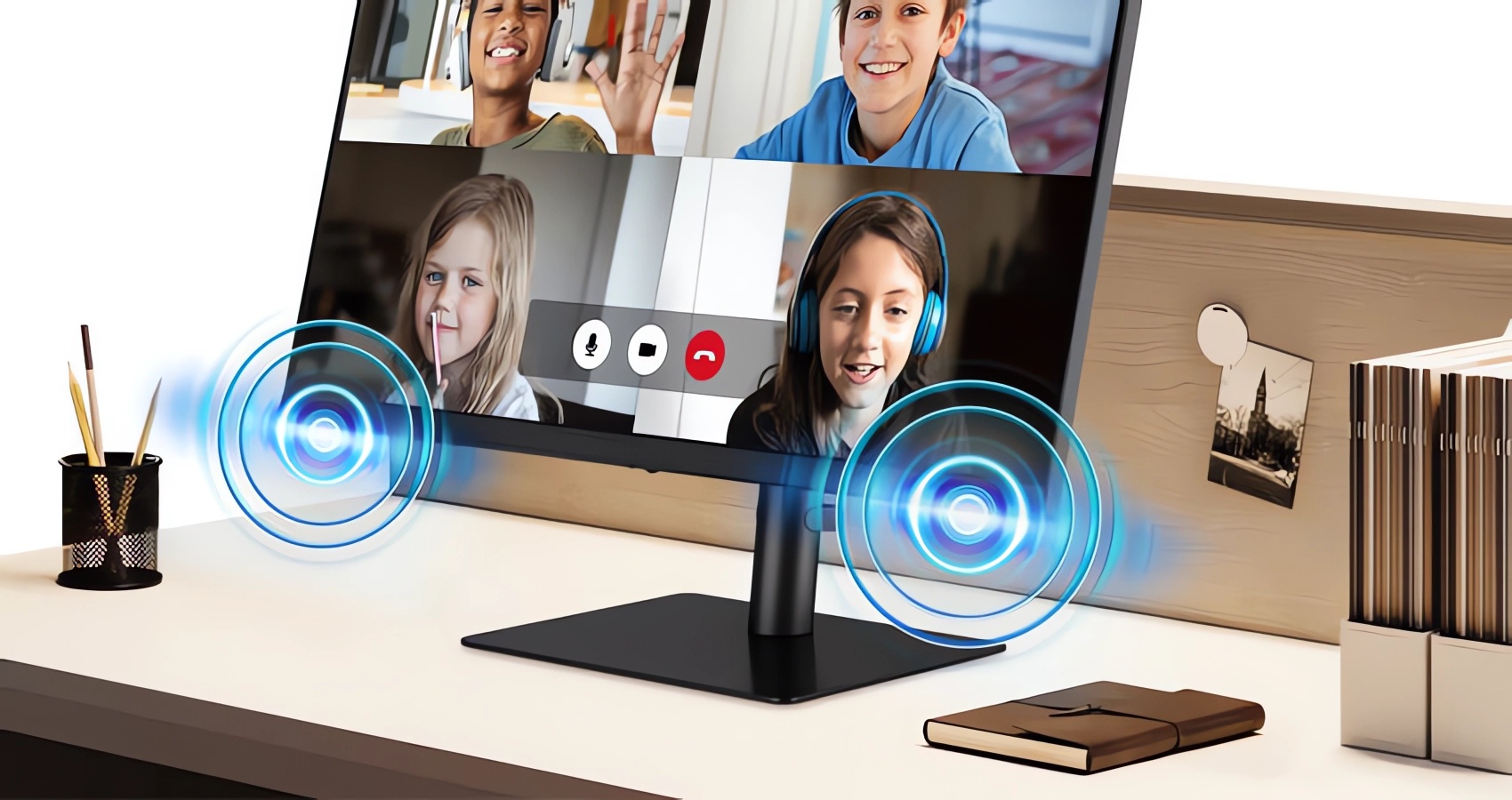 uture-X Samsung Display S24A400VEU - Business Monitor mit integriertem Lautsprecher uture-X Samsung Display S24A400VEU - Business Monitor mit integriertem Lautsprecher - Monitor auf dem Schreibtisch, auf dem Monitor findet eine Videokonferenz statt