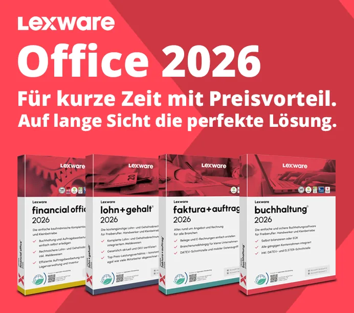 Lexware Office 2026. Entdecken und kaufen Sie die neuen Versionen bei Future-X. Visual von 4 Packshots der verschiedenen Programme auf einem roten Hintergrund.