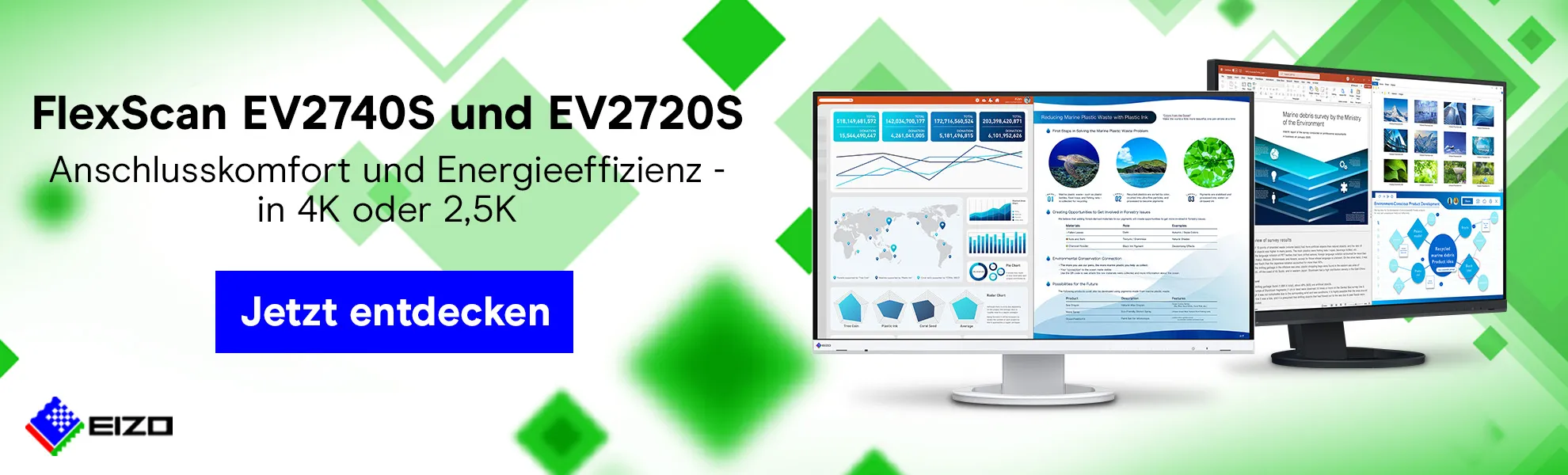 EIZO FlexScan EV2740S und EV2720S – energiesparende und ergonomische Universalmonitore mit USB-C. Produktfotos der Monitore in Schwarz & Weiß.