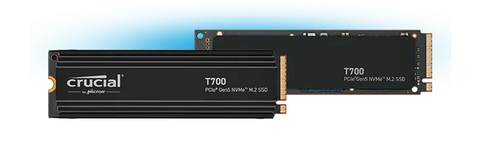 Crucial T700 GEN5 SSDs. PCIe® 5.0 NVMe-Speicher für Hochleistungs-Gaming. Crucial T700 GEN5 SSDs. PCIe® 5.0 NVMe-Speicher für Hochleistungs-Gaming. Produktfoto.