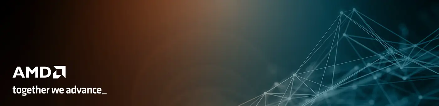 AMD, der führende Anbieter für High-Performance- und Adaptive Computing. AMD, der führende Anbieter für High-Performance- und Adaptive Computing. AMD Logo auf dunklem Hintergrund mit Render-Grafik von Knotenpunkten.