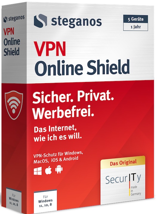 Steganos VPN Online Shield 2026 1 Jahr 5 Geräte Download Win/Mac/Android/iOS, Multilingual