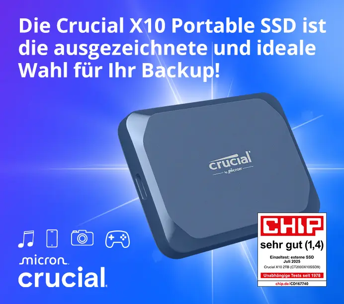 Die Crucial X10 Portable SSD 2 TB Kapazität ist die ausgezeichnete und ideale Wahl für Ihr Backup. Produktfoto vor einem Hintergrund aus farbigen Lichtstrahlen, die konisch zusammenlaufen inklusive Chip Award sehr gut aus Juli 2025.