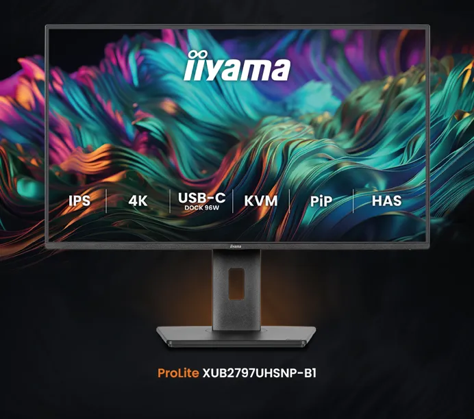 Erleben Sie dauerhafte Qualität mit den Monitoren der 97-Serie. Produktfoto des iiyama ProLite XUB2492HSU-B6 mit einer Rendergrafik von farbigen Wellen.