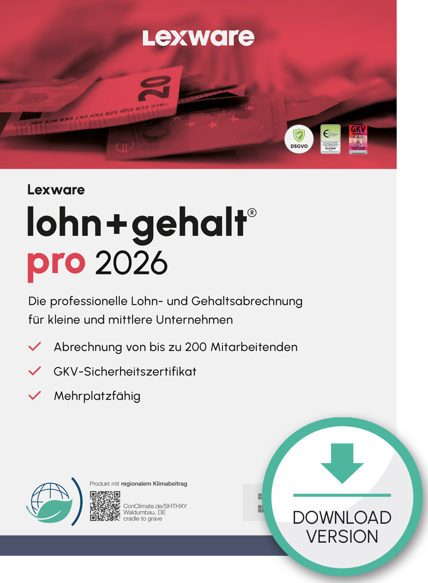 Lexware lohn+gehalt pro 2026 Abo-Vertrag 1 Jahr 1 Benutzer Download Win, Deutsch (nur für Neukunden)