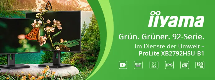 Mit den umweltfreundlichen Monitoren der 92-Serie von iiyama treffen Sie eine nachhaltige Wahl. Lifestyle Bild von 2 Monitoren mit Pflanzen und Schmetterlingen umgeben.