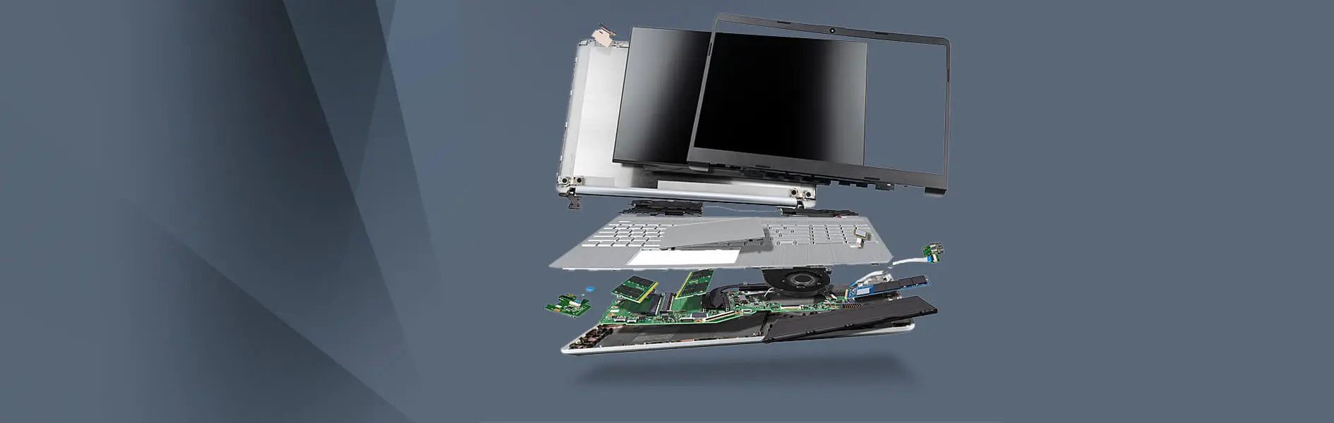 Future-X - Altgeraeteentsorgung - Elektro- und Elektronikgeräte Header- Entsorgung von Batterien, Akkus und Lampen Future-X - Altgeraeteentsorgung - Elektro- und Elektronikgeräte - Visualisierung der Einzelteile eines Laptops