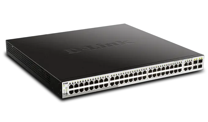 D-Link DGS-1210-52MP/E PoE-Switch mit hoher Portdichte für WLAN, VoIP und Videoüberwachung. Produktbild des D-Link DGS-1210-52MP/E.