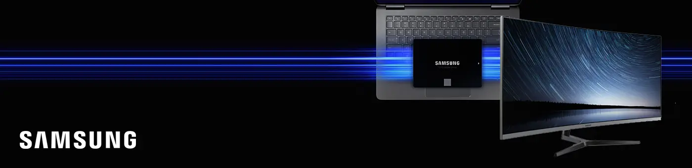 Samsung Displays oder SSD bei Future-X kaufen. Samsung Displays oder SSD bei Future-X kaufen. Visual eines Monitors und einer SSD auf dunklem Hintergrund.