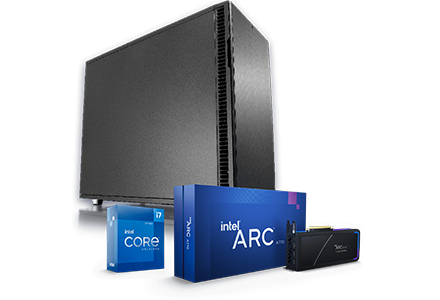 Future-X Modula Gaming PC 7277ZP mit Intel Core i7 Prozessor der 12. Generation und Intel ARC 7 Grafik Grafikkarte  Future-X Modula Gaming PC 7277ZP mit Intel Core i7 Prozessor der 12. Generation und Intel ARC 7 Grafik Grafikkarte - PC, Prozessor und Grafikkarte auf weißem Hintergrund