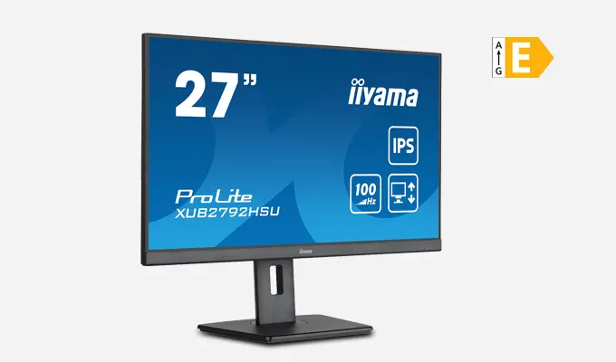 iiyama ProLite XUB2792HSU-B6 - 27 Zoll (68,6 cm) Monitor mit IPS-Panel-Technologie, 100 Hz Bildwiederholrate und einem 150 mm höhenverstellbaren Standfuß. iiyama ProLite XUB2792HSU-B6 - 27 Zoll (68,6 cm) Monitor mit IPS-Panel-Technologie, 100 Hz Bildwiederholrate und einem 150 mm höhenverstellbaren Standfuß. Produktbild mit EEK E Icon.