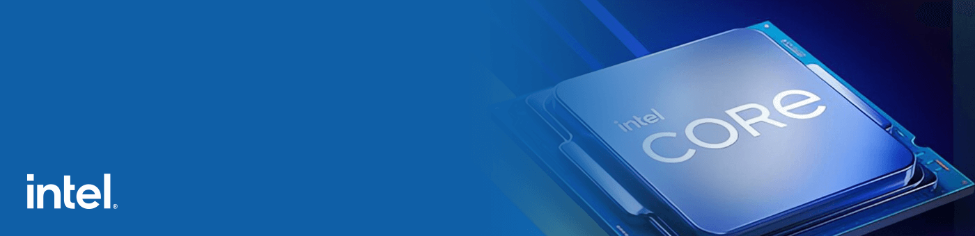Future-X Intel Core Desktop-Prozessoren Future-X Intel Core Desktop-Prozessoren - Aufschrift „Intel“ auf blauem Hintergrund und ein Intel-Prozessor daneben