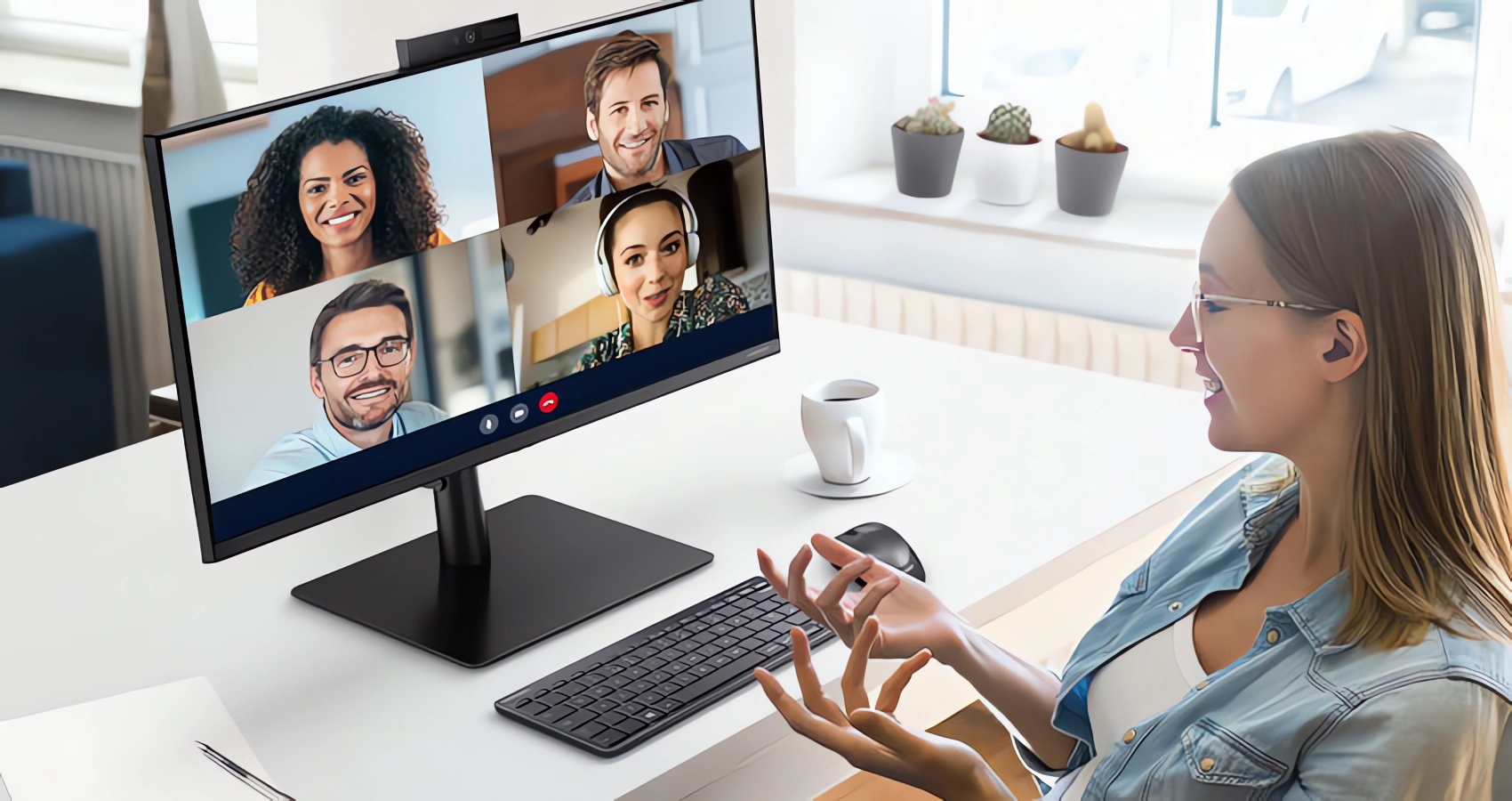 Future-X Samsung Display S24A400veu Business Monitor Future-X Samsung Display S24A400veu Business Monitor - Frau bei Videokonferenz