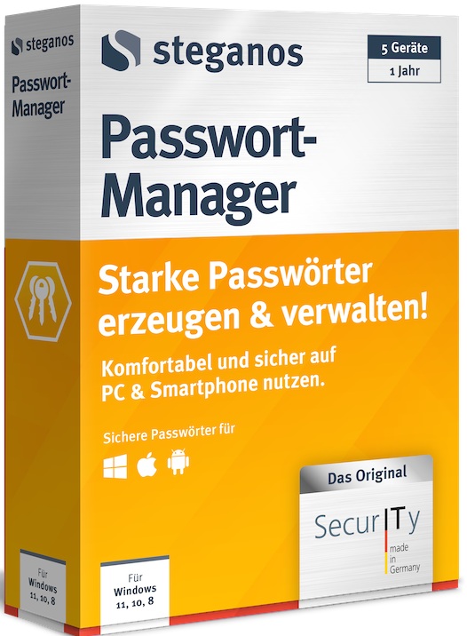 Steganos Passwort-Manager 2026 1 Jahr 5 Geräte Download Win/Mac/Android/iOS, Multilingual