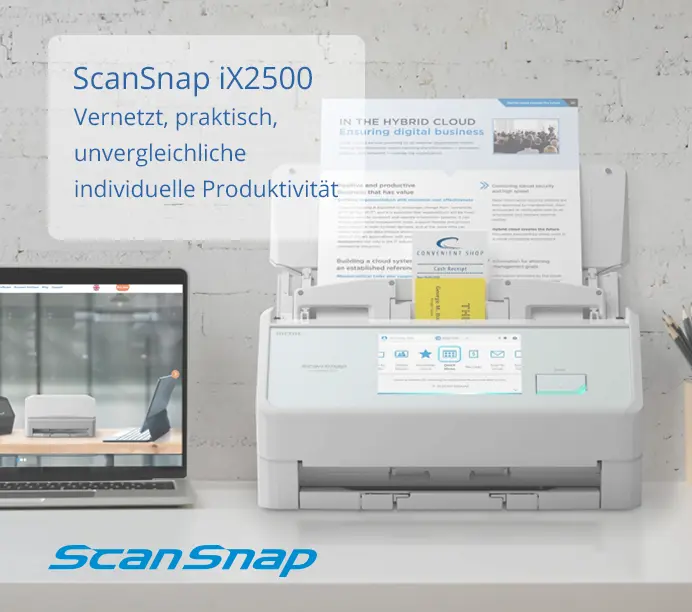 ScanSnap iX2500. Vernetzt, praktisch, unvergleichliche individuelle Produktivität. Lifstylebild des Scanners in Weiß auf einem Schreibtisch.