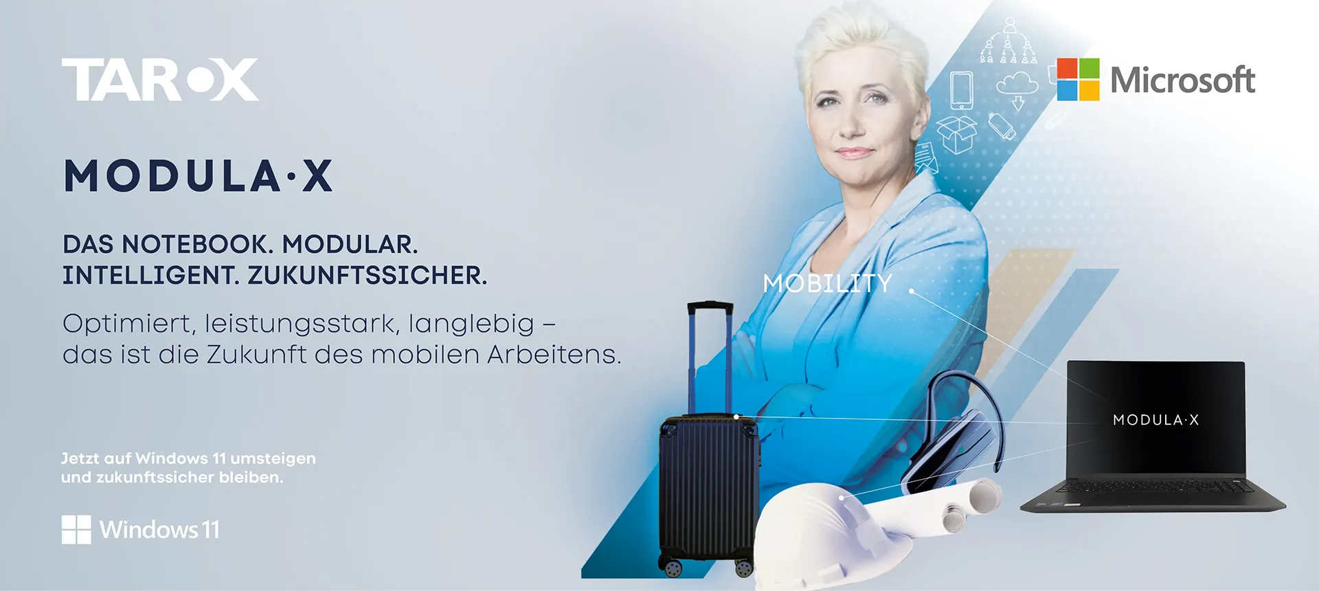 MODULA·X – das Notebook. Optimiert, leistungsstark, langlebig – das ist die Zukunft des mobilen Arbeitens. Visual einer älteren Frau in einem hellblauen Sakko.