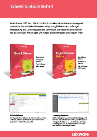 Lexware informiert Sie detailliert über die Software QuickSteuer 2026. Erste Seite des Datenblatts zur Software QuickSteuer 2026 mit 2 Packshots und Screenshots aus dem Programm.