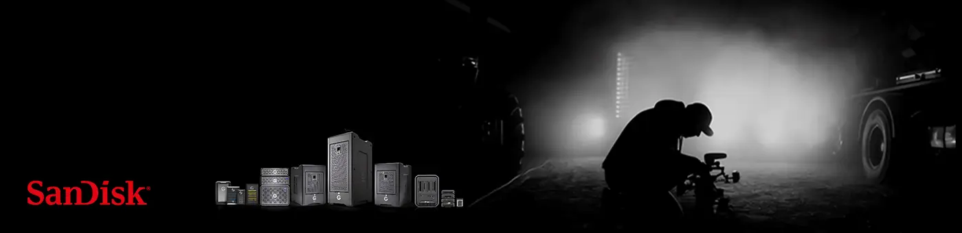 SanDisk Professional - Premium-Speicherlösungen - PRO-Reader, PRO-Cinema, PRO-Dock 4, G-DRIVE, G-RAID, G-RAID SHUTTLE . SanDisk Professional - Premium-Speicherlösungen - PRO-Reader, PRO-Cinema, PRO-Dock 4, G-DRIVE, G-RAID, G-RAID SHUTTLE - mehrere verschiedene Sandisk-Produkte auf schwarzem Hintergrund