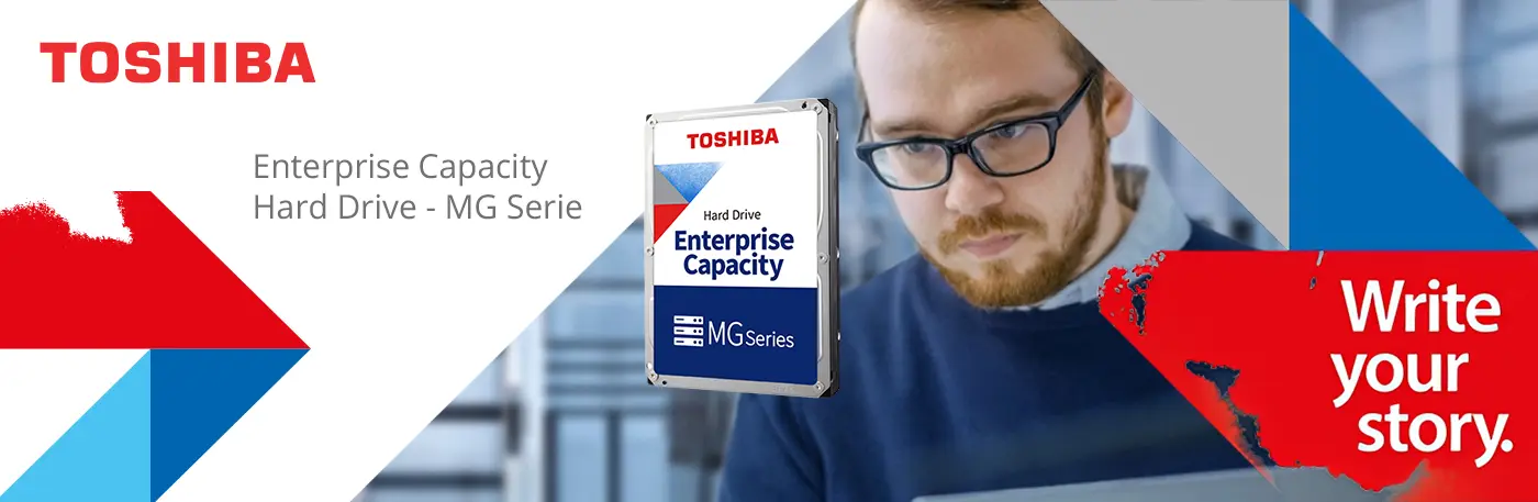 Toshiba Enterprise Capacity Hard Drive – MG Serie. Toshiba Enterprise Capacity Hard Drive – MG Serie. Visual Festplatte auf Hintergrund mit einer Person.