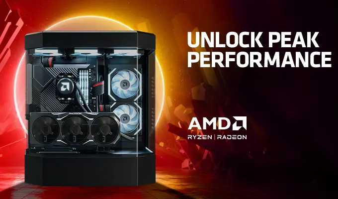 AMD Unlock Peak Performance – nur mit AMD RYZEN™ 7900-Serie Prozessor und Radeon™ RX 7900-Serie Grafikkarten. AMD Unlock Peak Performance – nur mit AMD RYZEN™ 7900-Serie Prozessor und Radeon™ RX 7900-Serie Grafikkarten. Render-Grafik eines Gaming-PC.