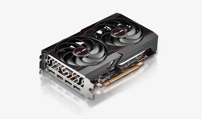 PULSE AMD Radeon™ RX 6600 Grafikkarte mit 8 GB/128-Bit DDR6 Speicher. PULSE AMD Radeon™ RX 6600 Grafikkarte mit 8 GB/128-Bit DDR6 Speicher. Produktfoto.