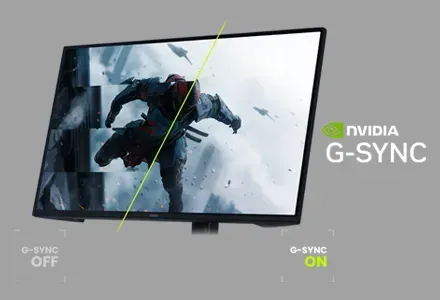 iiyama G-Master Red Eagle ist NVIDIA G-SYNC-kompatibel. Grafikdarstellung des ON/OFF-Modus von NVIDIA G-SYNC auf einem Display.