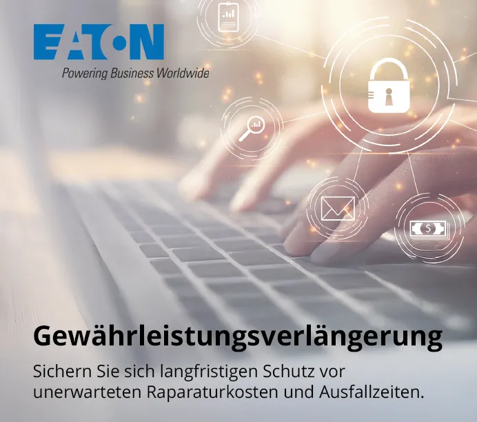Verlängern Sie Ihre Gewährleistung um 12 oder 36 Monate und sichern Sie sich zuverlässigen Rundumschutz von Eaton. Visual von 2 Händen die auf einer Tastatur tippen plus Störer der 1 und 3 Jahre Verlängerung der Gewährleistung.