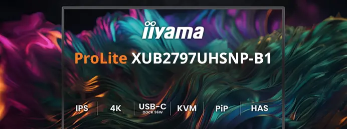 Erleben Sie dauerhafte Qualität mit den Monitoren der 97-Serie. Produktfoto des iiyama ProLite XUB2492HSU-B6 mit einer Rendergrafik von farbigen Wellen.