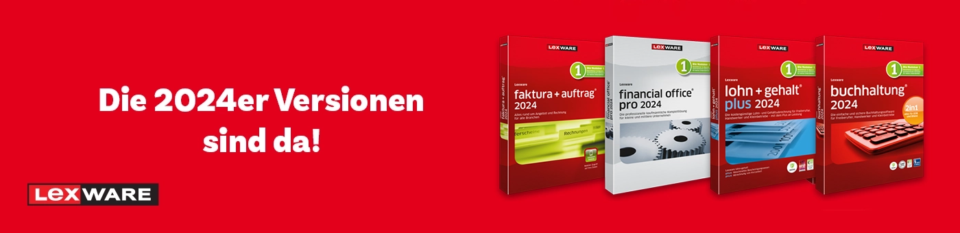 Lexware Software rund um Finanzen und Buchhaltung in den 2024er Versionen. Lexware Software rund um Finanzen und Buchhaltung in den 2024er Versionen. Visual Produktbilder auf rotem Hintergrund.