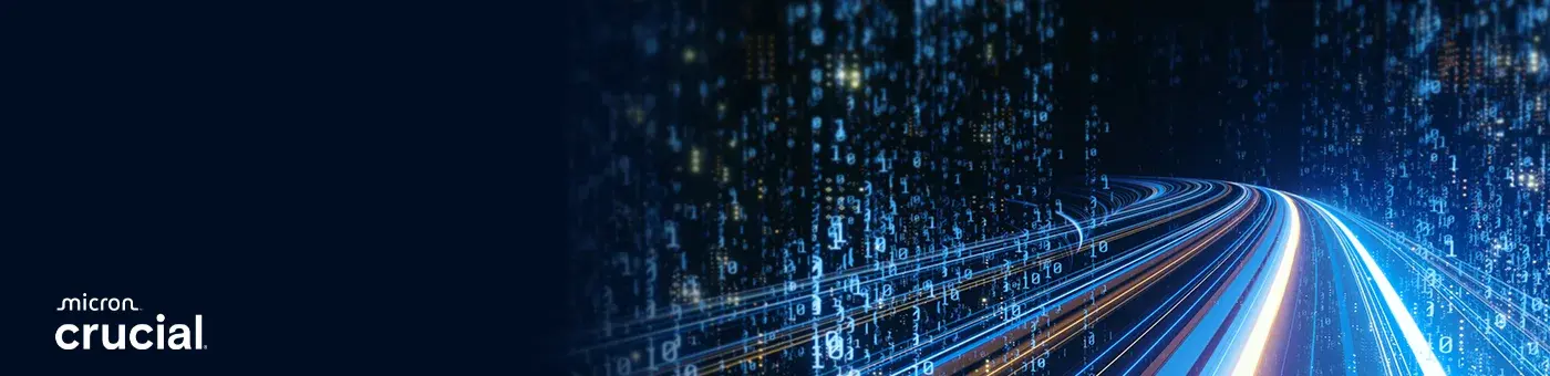 Arbeits- und Datenspeicher von Crucial. Seit über 25 Jahren ist Crucial für Millionen Kunden exklusiver Anbieter dieser innovativen Technologie. Arbeits- und Datenspeicher von Crucial. Seit über 25 Jahren ist Crucial für Millionen Kunden exklusiver Anbieter dieser innovativen Technologie. Visual eines Datenstroms bestehend aus verschieden farbigen Lichtstrahlen.
