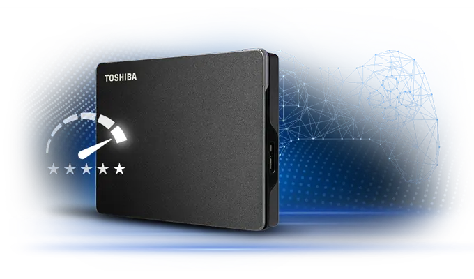 Toshiba Canvio Gaming Festplatte – speziell für Gamer. Toshiba Canvio Gaming Festplatte – speziell für Gamer. Visual der Festplatte, die vor einer Gitter-Grafik eines Gamepads steht.