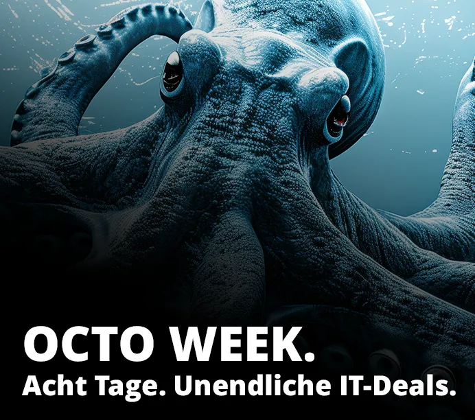 Octo Week bei Future-X.Acht Tage. Unendliche IT-Deals. Denn Black Week kann jeder! Visual eines Octopus.