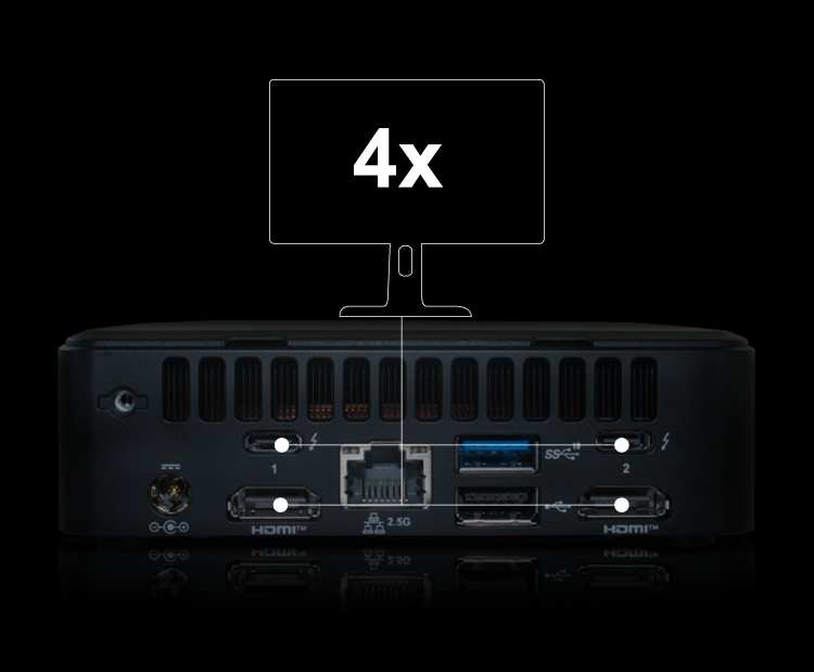 Future-X TAROX Mini-PC ECO 44 G13 - 2x HDMI und 2x Thunderbolt 4.0  Future-X TAROX Mini-PC ECO 44 G13 - 2x HDMI und 2x Thunderbolt 4.0 - Mini-PC auf schwarzem Hintergrund