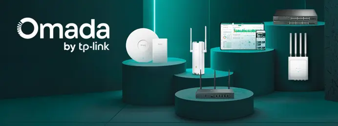 Omada by TP-Link – Skalierbare und sichere Netzwerklösungen mit einfacher Verwaltung und hoher Leistung. Produktbilder der verschiedenen Omada by TP-Link Lösungen auf grünen, runden Podesten vor einem dunkelgrünen Hintergrund.