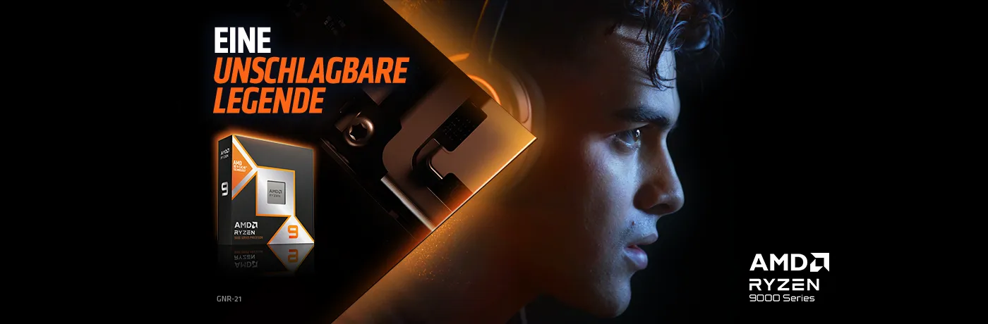 Die neuen AMD Ryzen™ 9000X3D-Serie Prozessoren. Eine unschlagbare Legende und die neue Performance für ihr Gaming Abenteuer. Die neuen AMD Ryzen™ 9000X3D-Serie Prozessoren. Eine unschlagbare Legende und die neue Performance für ihr Gaming Abenteuer. Visual eines Gamers mit Headset und einem Packshot der 9000X3D-Serie.