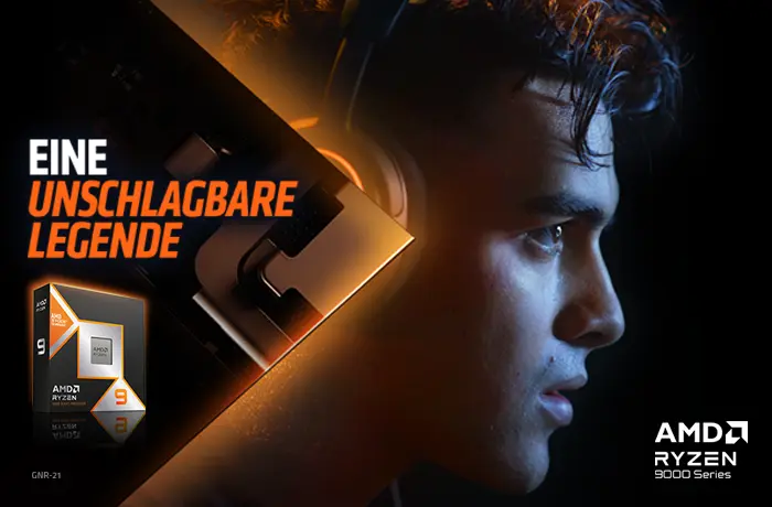 Die neuen AMD Ryzen™ 9000X3D-Serie Prozessoren. Eine unschlagbare Legende und die neue Performance für ihr Gaming Abenteuer. Die neuen AMD Ryzen™ 9000X3D-Serie Prozessoren. Eine unschlagbare Legende und die neue Performance für ihr Gaming Abenteuer. Visual eines Gamers mit Headset und einem Packshot der 9000X3D-Serie.