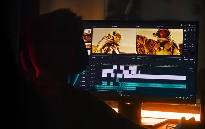 AMD Ryzen™ 7000-Serie Prozessoren helfen Creators mit zeitsparender Rechenleistung, noch schneller zu arbeiten. AMD Ryzen™ 7000-Serie Prozessoren helfen Creators mit zeitsparender Rechenleistung, noch schneller zu arbeiten. Visual einer Person vor einem Monitor und Hintergrund-Beleuchtung.
