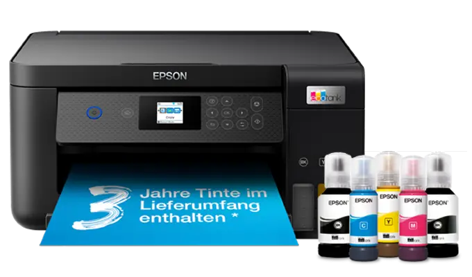Epson EcoTank ET-2850 A4-Multifunktionsdrucker. Sparen Sie mit einem EcoTank-Tintentankdrucker bis zu 90 % Tintenkosten. Epson EcoTank ET-2850 A4-Multifunktionsdrucker. Sparen Sie mit einem EcoTank-Tintentankdrucker bis zu 90 % Tintenkosten. Produktfoto des Druckers und der Tintenfläschchen.