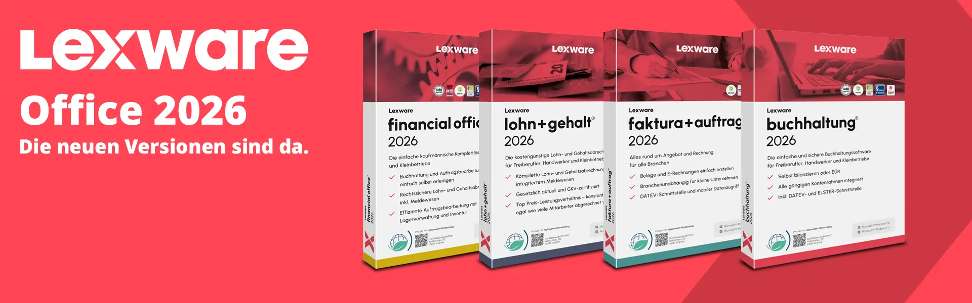 Lexware Office 2026. Entdecken und kaufen Sie die neuen Versionen bei Future-X. Visual von 4 Packshots der verschiedenen Programme auf einem roten Hintergrund.