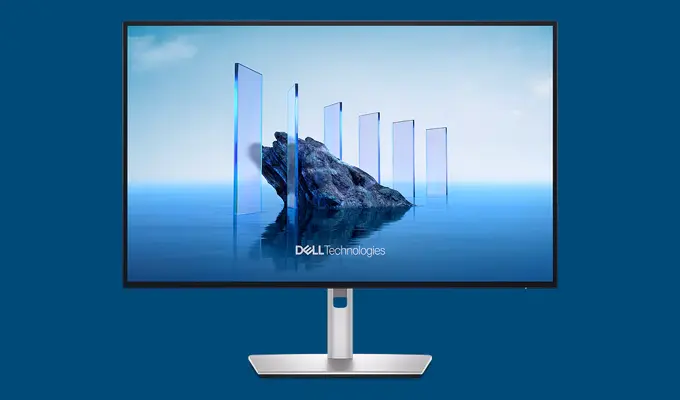 Dell UltraSharp Monitore bieten fortschrittliche Technologie und außergewöhnliche Farbgenauigkeit. Dell UltraSharp Monitore bieten fortschrittliche Technologie und außergewöhnliche Farbgenauigkeit. Produktfoto auf dunkelblauem Hintergrund.