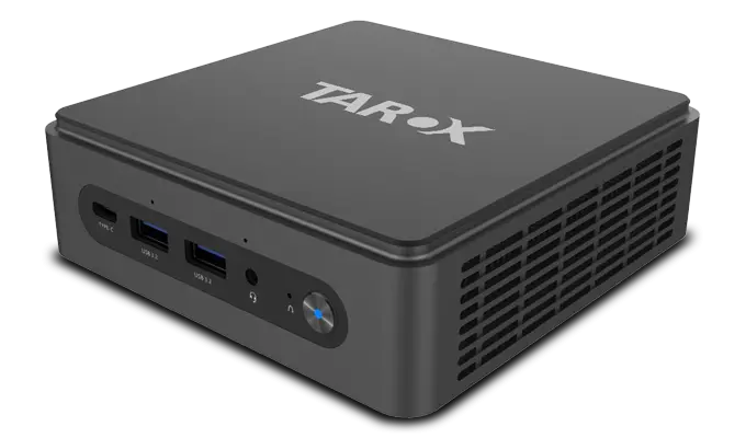 TAROX MINI-PC-G12 i5 mit 2x HDMI, USB-Type-C, 2x USB 2.0 und LAN-Anschluss. Foto der Rückseite mit Anschlüssen.