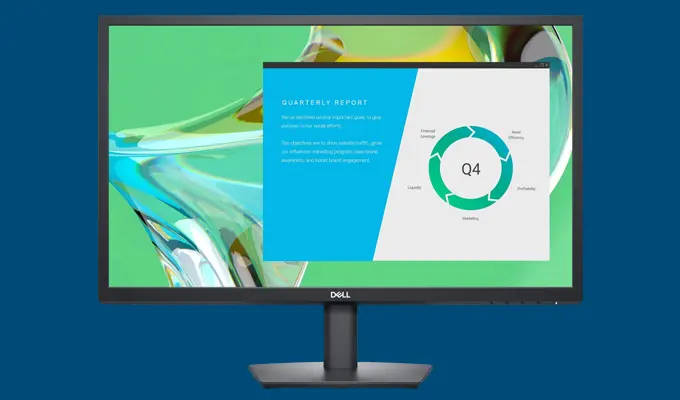 Die erschwinglichen Dell Monitore der E-Serie meistern die alltäglichen Herausforderungen. Die erschwinglichen Dell Monitore der E-Serie meistern die alltäglichen Herausforderungen. Produktfoto auf dunkelblauem Hintergrund.